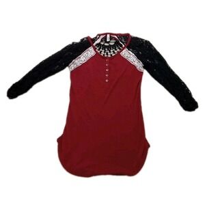 Vanity Boho Top Shirt Crochet Lace 3/4 Sleeve Red/black XSmall Preppy Y2k Style